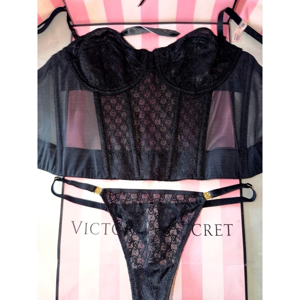 Victorias Secret Archives Corset 32B Small Thong Logo Print
